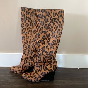 Adrienne Vittadini leopard print pony hair wedge boots with zipper